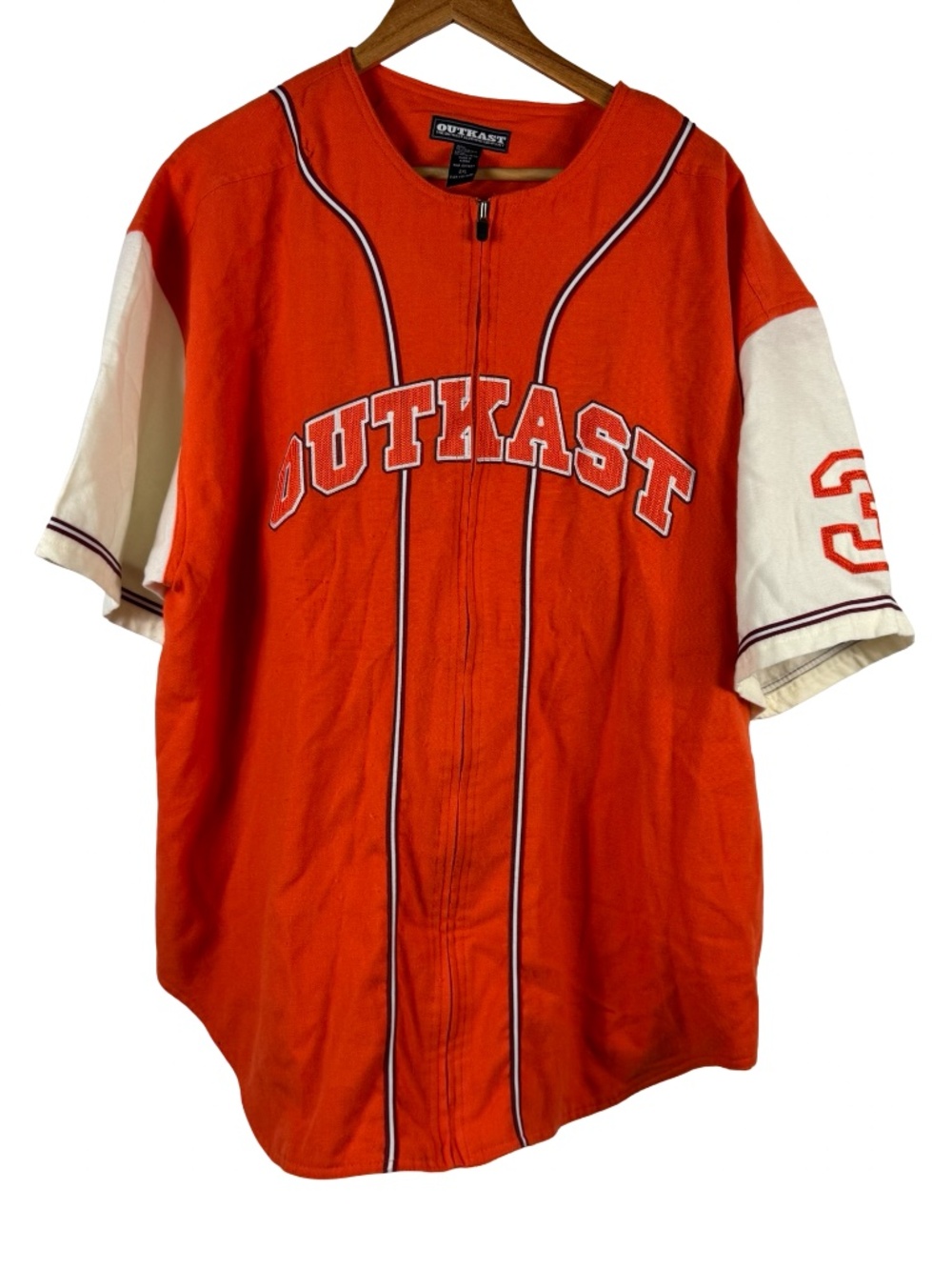 Vintage Y2K Outkast Clothing Company #3 Zip Up Baseball Jersey Orange Wool 2XL